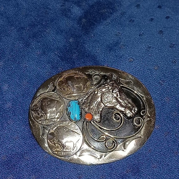 Vintage Buffalo head nickel belt bucket with turqoise and corral - Picture 4 of 4